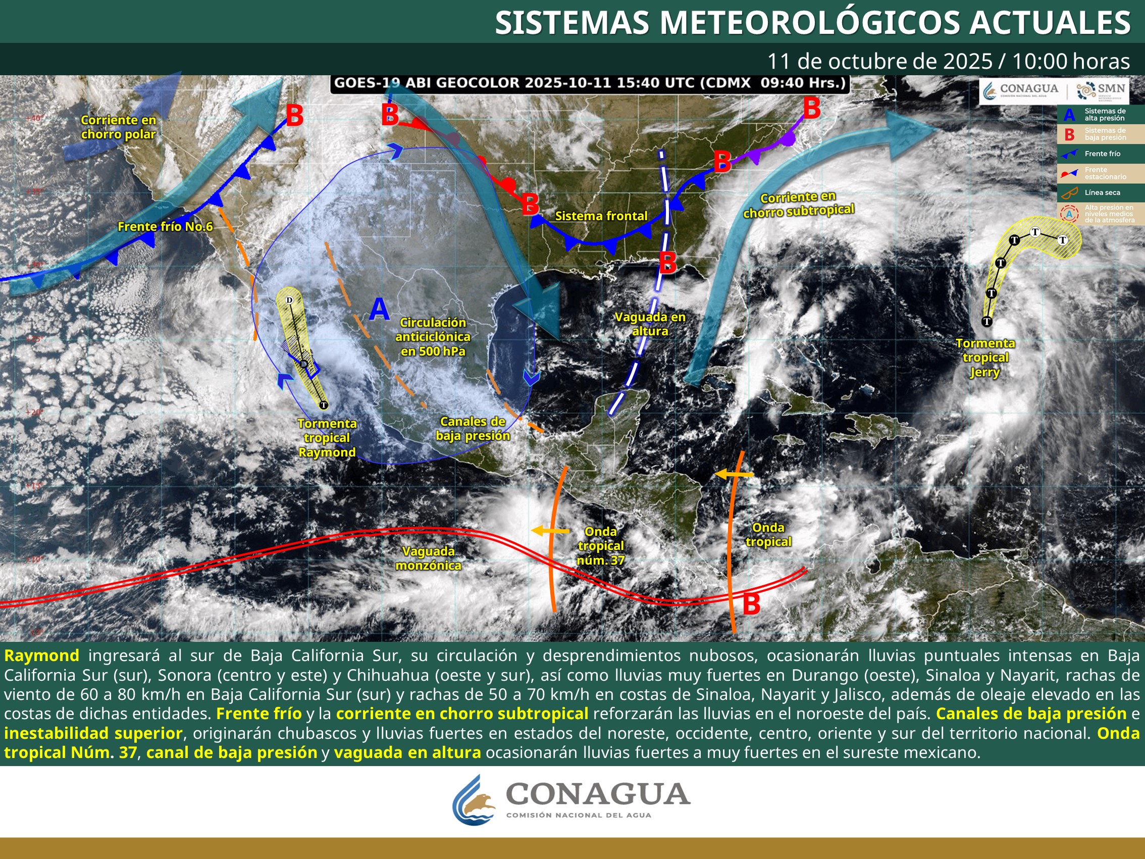 La interacción de diversos sistemas meteorológicos generará condiciones de lluvia extrema y fenómenos adversos en amplias regiones del país este domingo