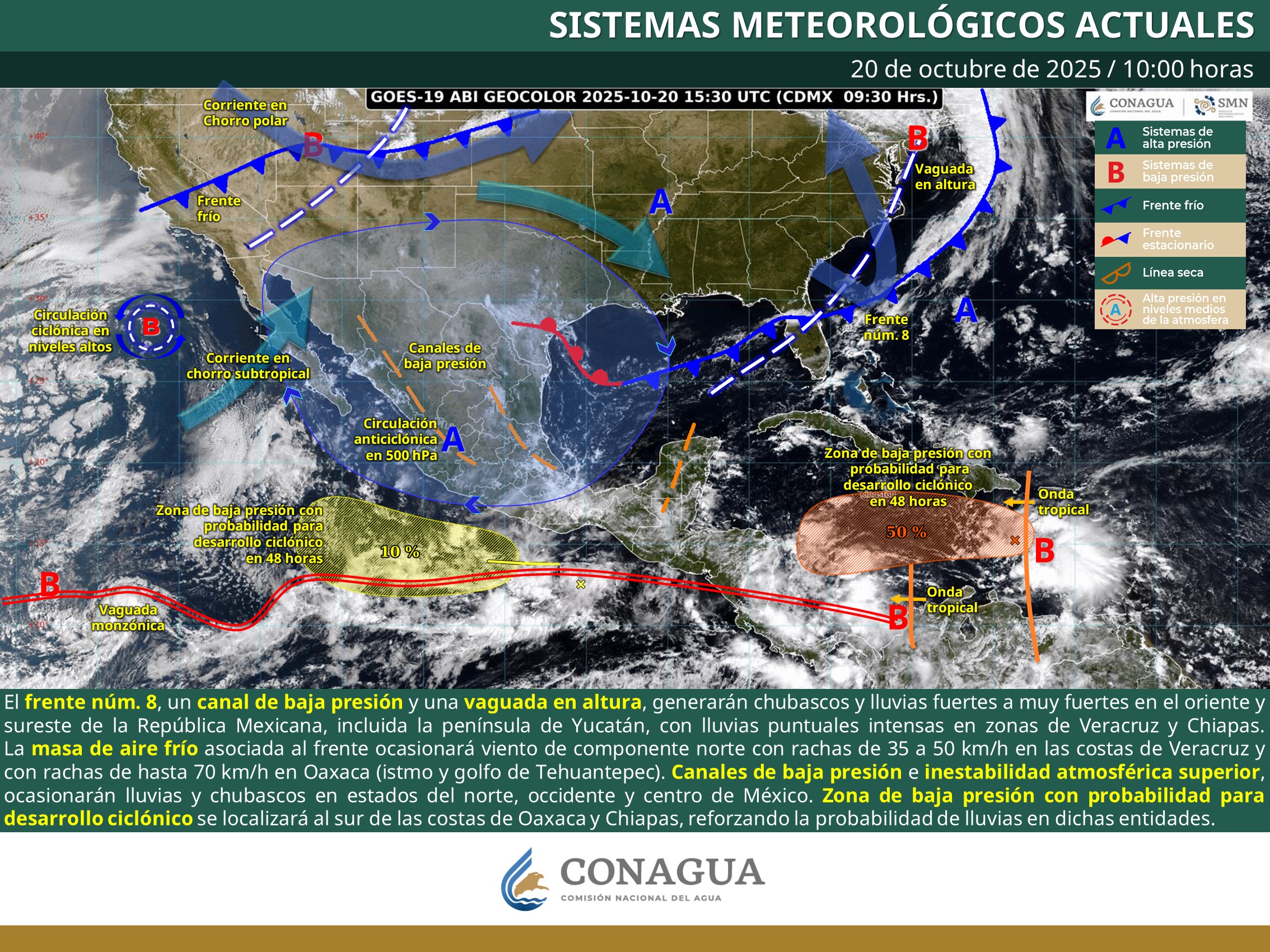 Pronóstico meteorológico para el martes 21 de octubre: lluvias intensas, descenso térmico y oleaje elevado en varias regiones del país.