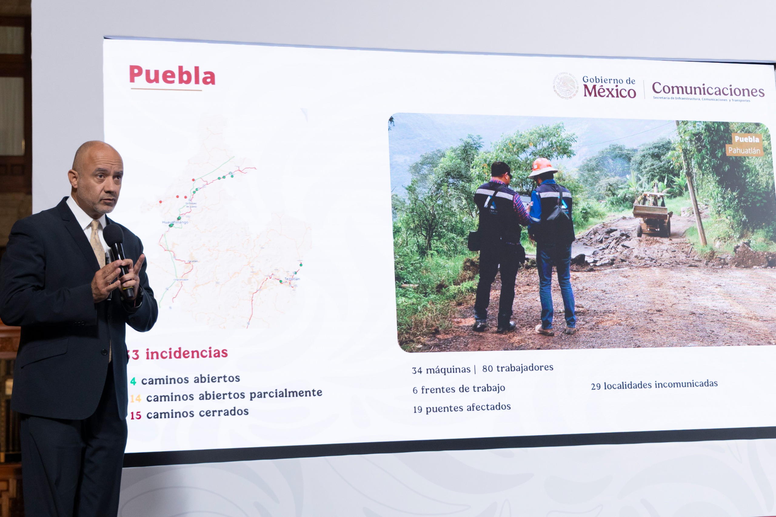 Esteva detalló que se han registrado 376 incidencias en carreteras federales, estatales y municipales, de las cuales 161 ya fueron atendidas, 118 continúan en proceso.