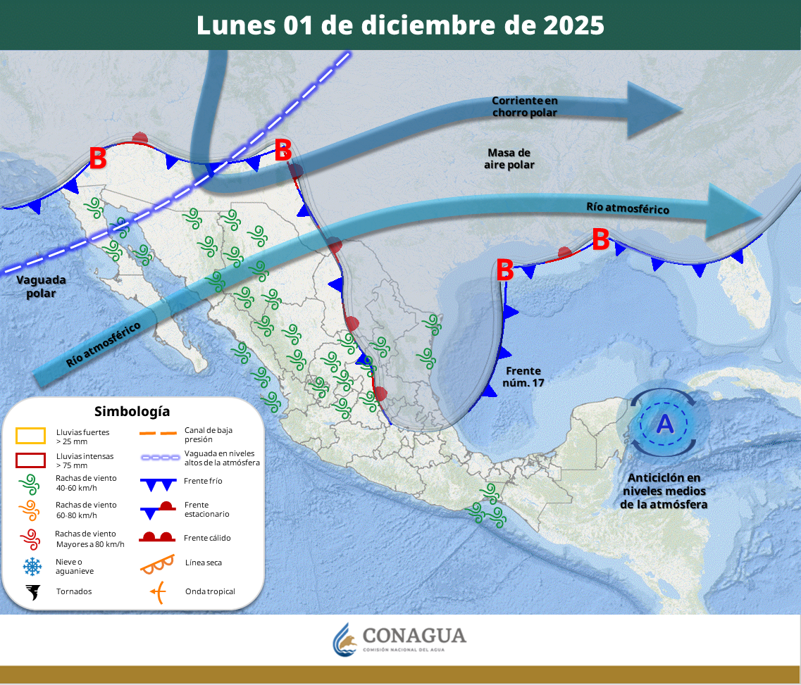 La masa de aire polar que impulsa al sistema mantendrá ambiente frío a gélido durante la mañana y la noche en zonas montañosas de la Mesa del Norte y la Mesa Central.