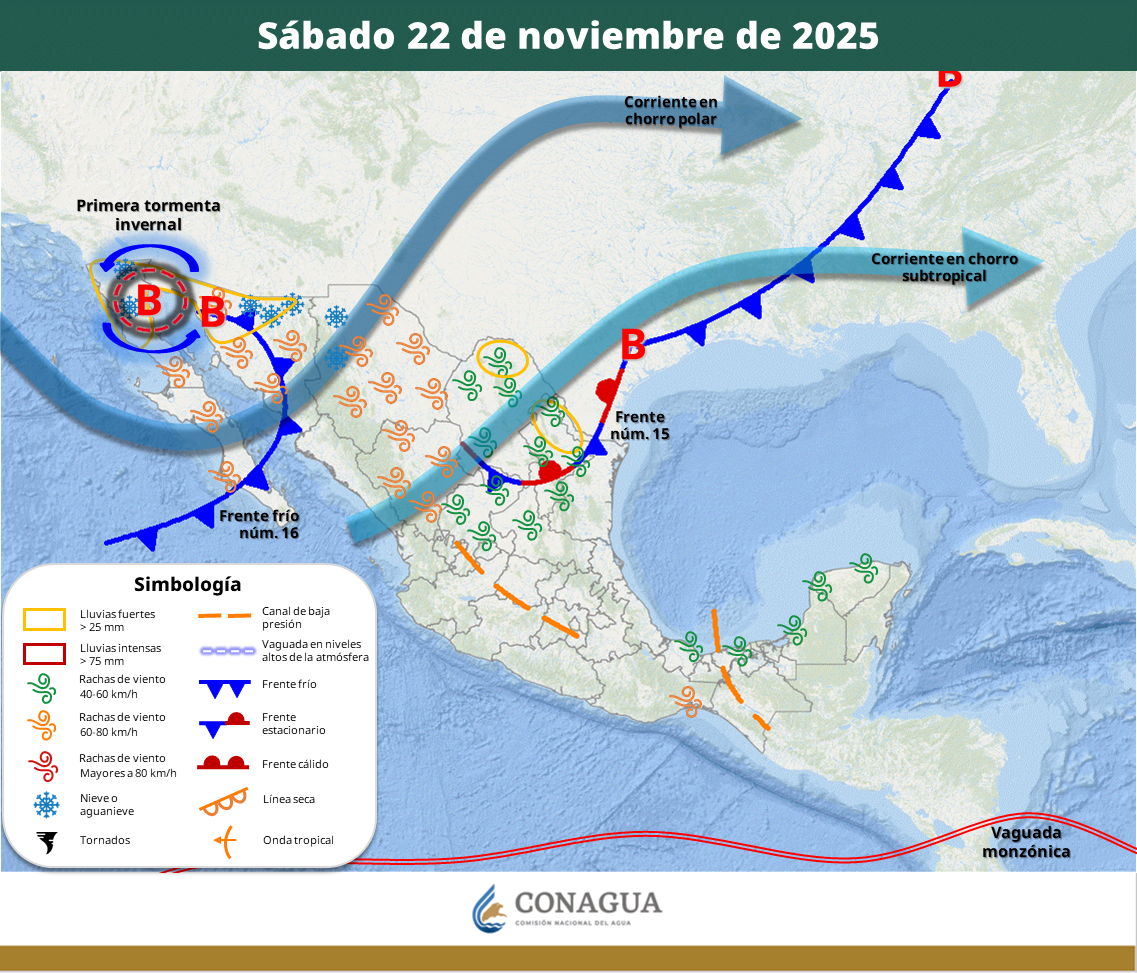 Se prevén chubascos y lluvias fuertes en la península de Baja California, Sonora y Chihuahua.