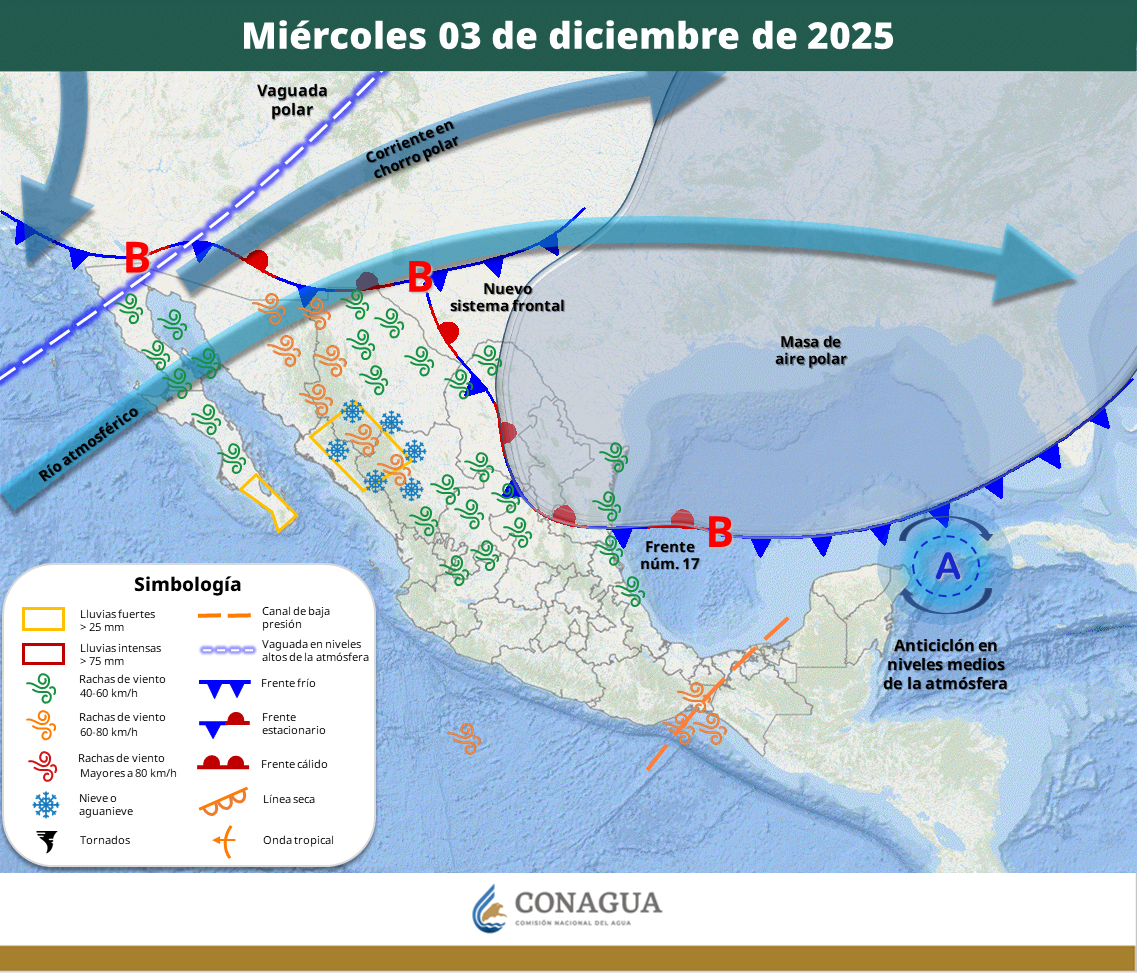 Frente frío y sistemas atmosféricos provocarán lluvias, descenso de temperatura y posibles nevadas en el norte del país.