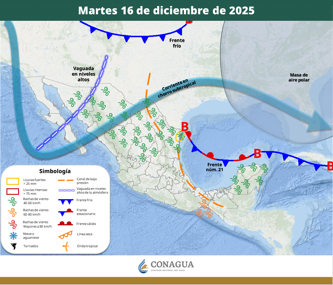 Frente frío núm. 21 provocará lluvias y bajas temperaturas en gran parte del país.