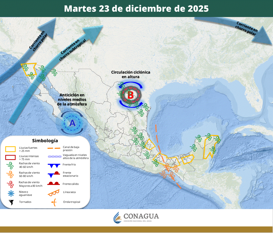 Pronostican lluvias intensas en Chiapas y Quintana Roo; viento fuerte en Baja California