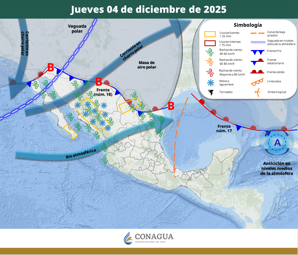 El frente número 17 adquirirá características cálidas sobre el norte del golfo de México, dejando de afectar a la República Mexicana.