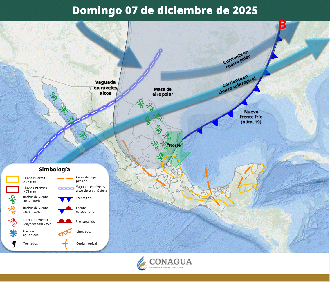 Frente frío 19 provocará descenso de temperatura, lluvias y evento de “Norte” en el país.