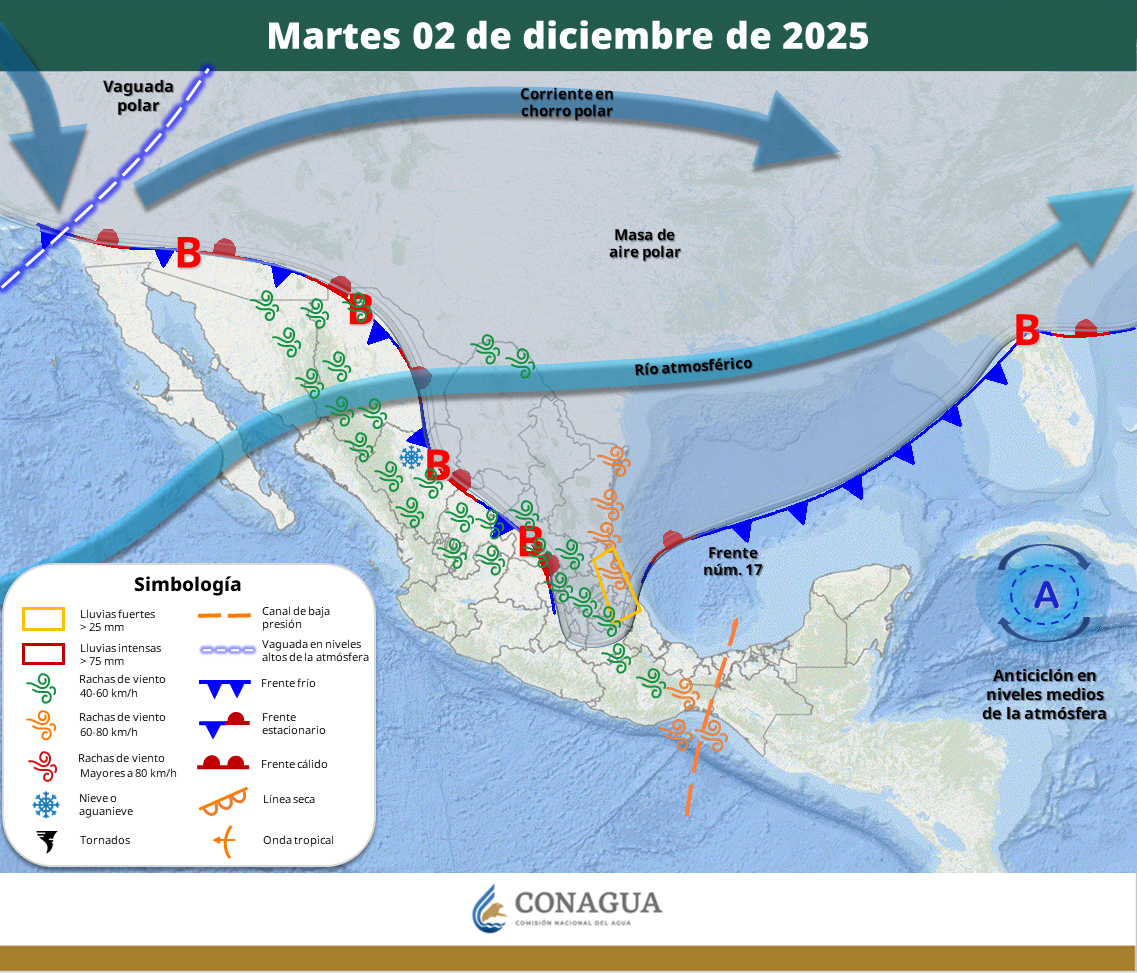Frente frío núm. 17 provocará lluvias intensas y ambiente gélido en gran parte del país.