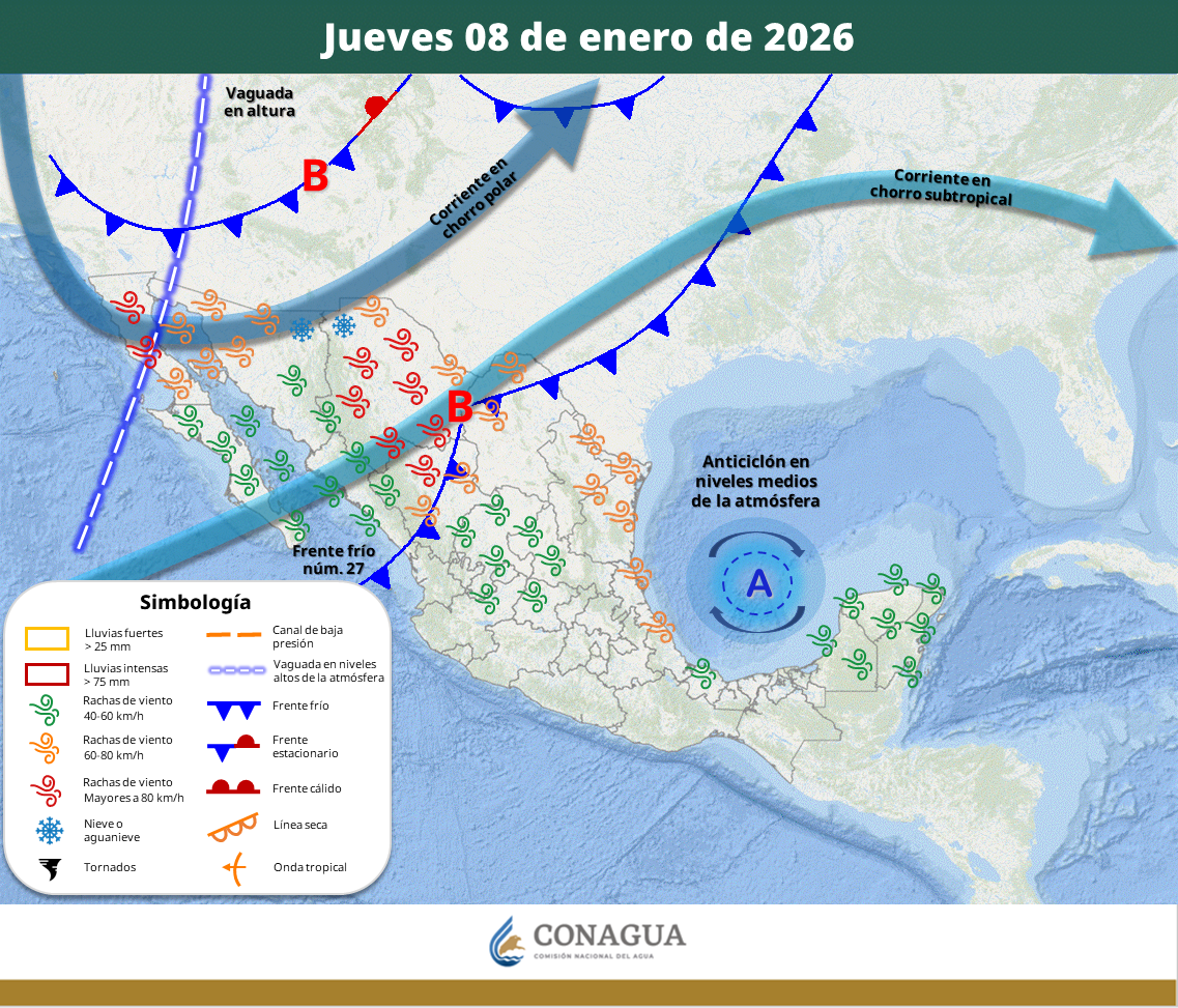 El sistema provocará rachas de hasta 90 km/h, descenso marcado de temperaturas y heladas severas; también se prevén lluvias en el occidente, sur y sureste del país.