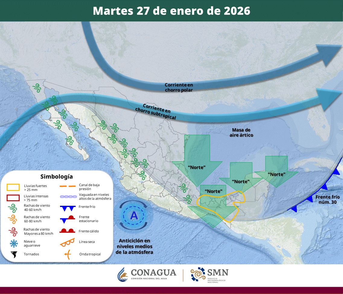 Aunque el frente frío núm. 30 deja de afectar directamente a México, su masa de aire ártico mantendrá lluvias fuertes, evento de “Norte” intenso y temperaturas bajo cero en varias regiones del país.