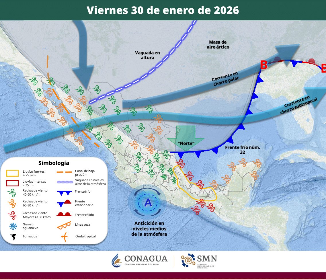 El sistema frontal y su masa de aire ártico afectarán al noreste, oriente y sureste del país con lluvias fuertes a muy fuertes, evento de “Norte” intenso, oleaje elevado, heladas generalizadas y posible caída de aguanieve en las principales cimas volcánicas.