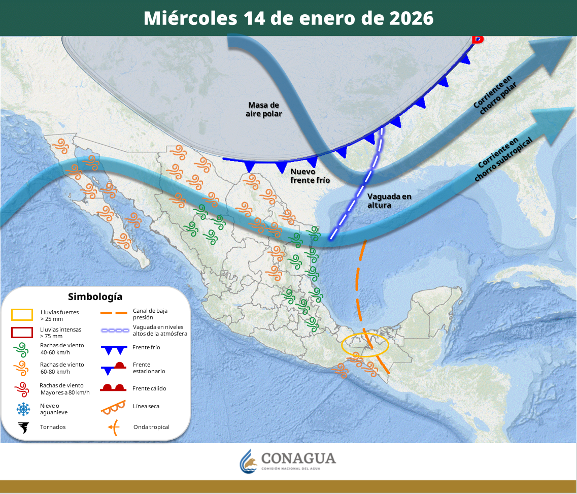 El ingreso de un nuevo frente frío y su masa de aire polar generará lluvias intensas en el oriente y sureste del país, evento de Norte en el Golfo de México y heladas severas en regiones del norte y centro.