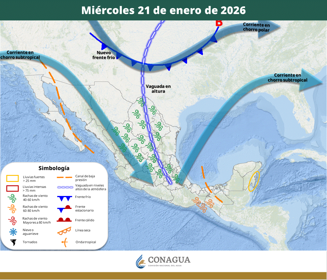 Lluvias con descargas eléctricas y posible granizo, rachas de viento fuertes en el norte y ambiente frío a muy frío marcarán las condiciones meteorológicas este miércoles.