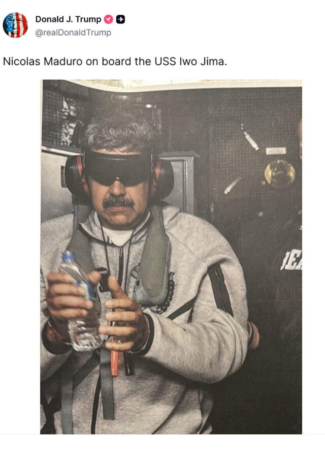 El presidente de Estados Unidos compartió una imagen del mandatario venezolano bajo custodia militar, confirmando su traslado a Nueva York.