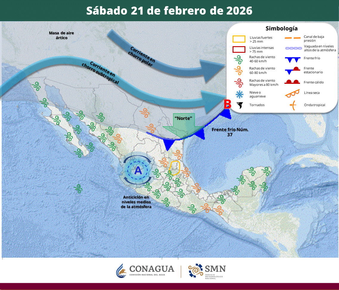La masa de aire ártico asociada ocasionará descenso de temperatura en gran parte del territorio, mientras persiste ambiente cálido a caluroso en el occidente y sureste.