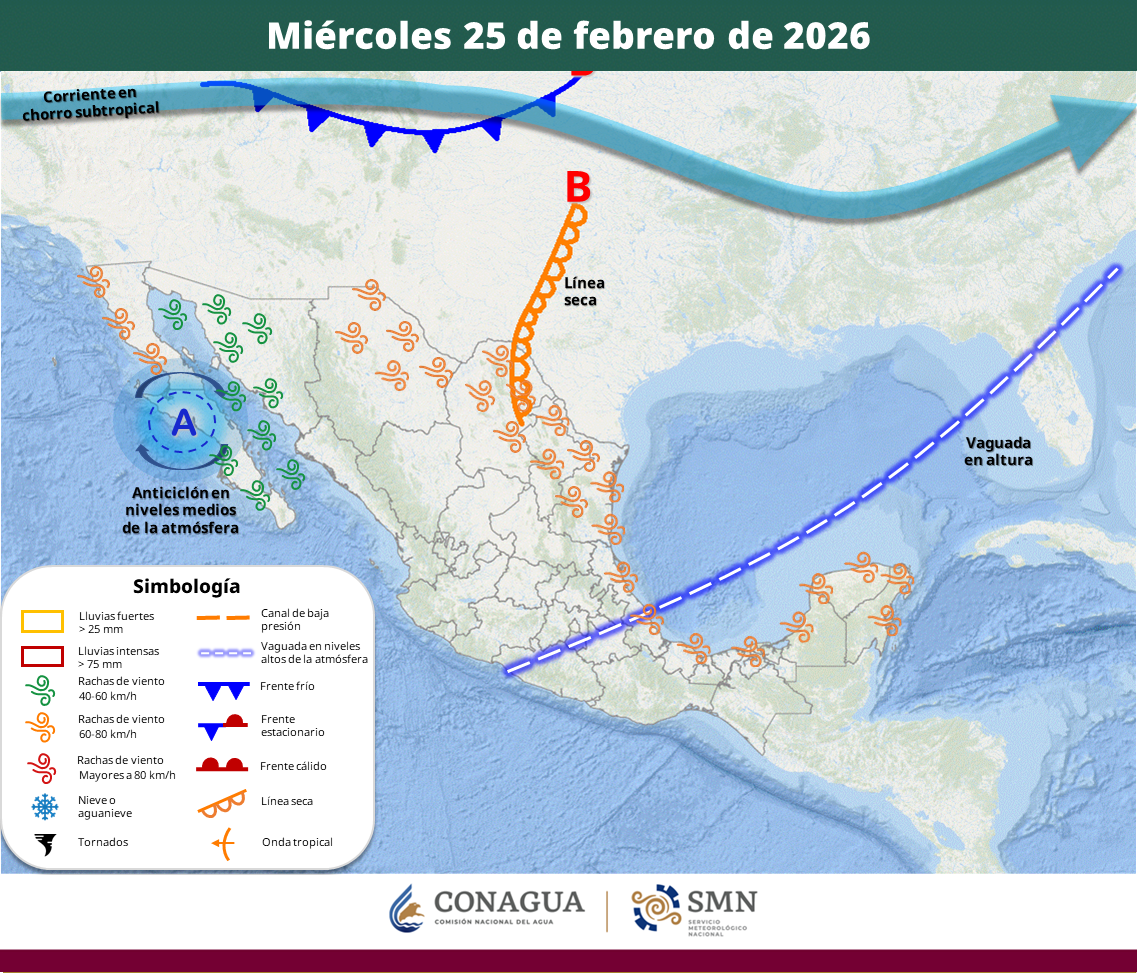 El miércoles 25 de febrero se esperan temperaturas de hasta 45 grados en el norte del país, vientos fuertes con tolvaneras en el noreste y lluvias en entidades del occidente y sur. Persistirán heladas en zonas serranas durante la madrugada del jueves.