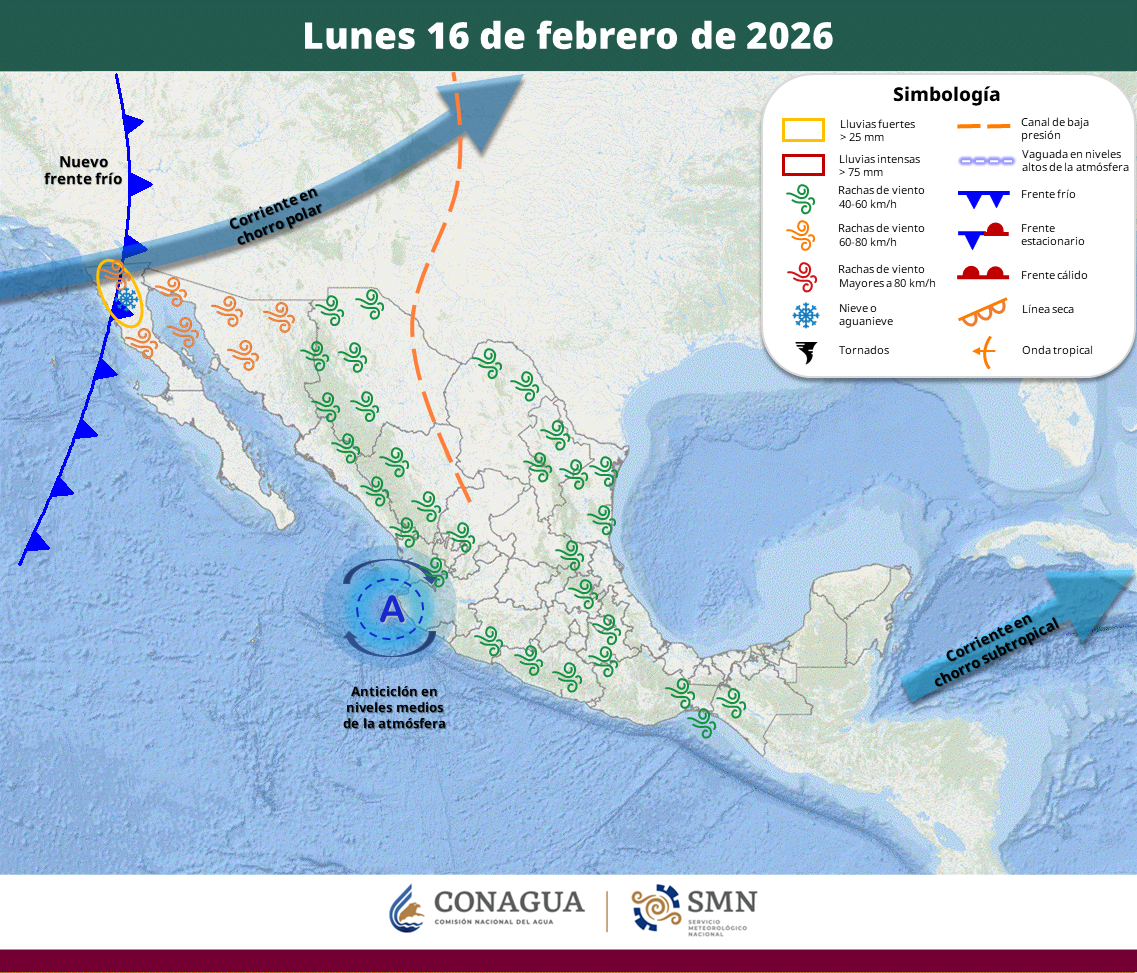 El sistema afectará el noroeste del país con rachas de hasta 80 km/h y oleaje elevado; mientras, un anticiclón mantendrá ambiente caluroso en gran parte del territorio.