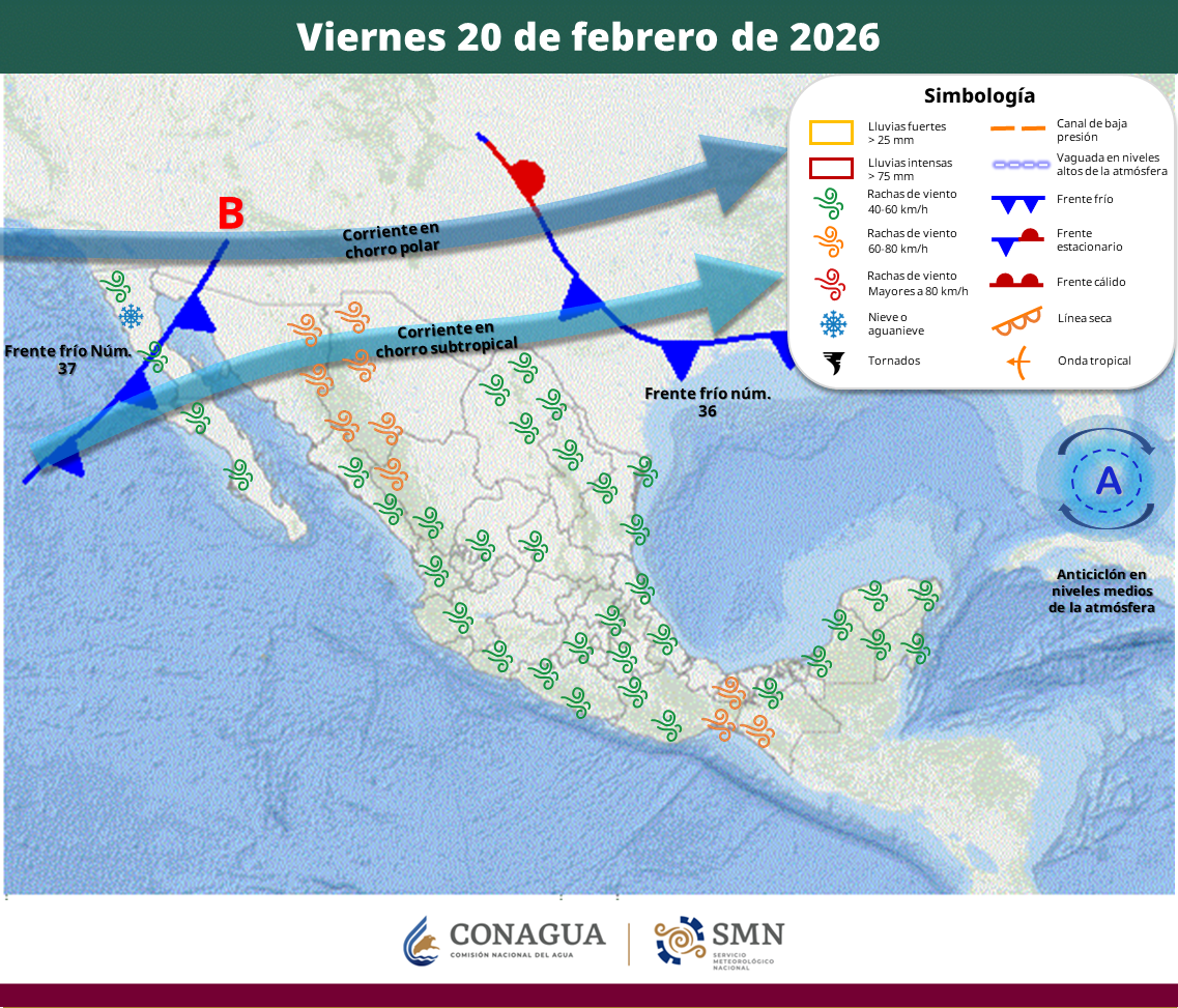 El sistema frontal provocará rachas intensas en Sonora, Chihuahua y Durango, además de lluvias aisladas en el noroeste; en contraste, un anticiclón mantendrá tiempo estable y temperaturas de hasta 45 grados en varias entidades.
