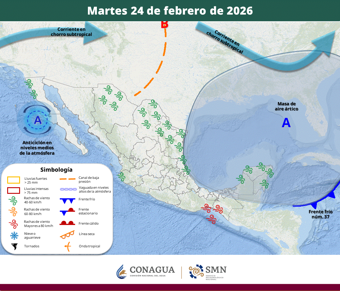 La masa de aire ártico modificará sus características térmicas; habrá chubascos en occidente y sureste, así como rachas de hasta 100 km/h en el istmo de Tehuantepec.