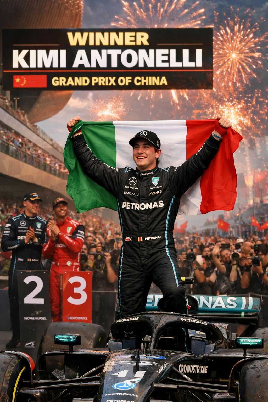 El joven italiano Kimi Antonelli logró su primera victoria en la Fórmula 1 en el Gran Premio de China 2026, mientras el mexicano Sergio “Checo” Pérez tuvo una carrera complicada y terminó en la posición 15, sin puntos.