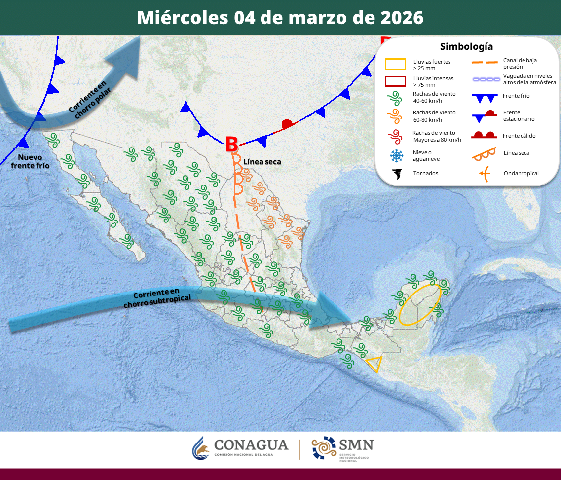 Sistemas meteorológicos generarán lluvias en el norte, centro y sureste de México, además de rachas de viento de hasta 70 km/h en estados del norte y persistencia de la onda de calor en el sur y occidente.