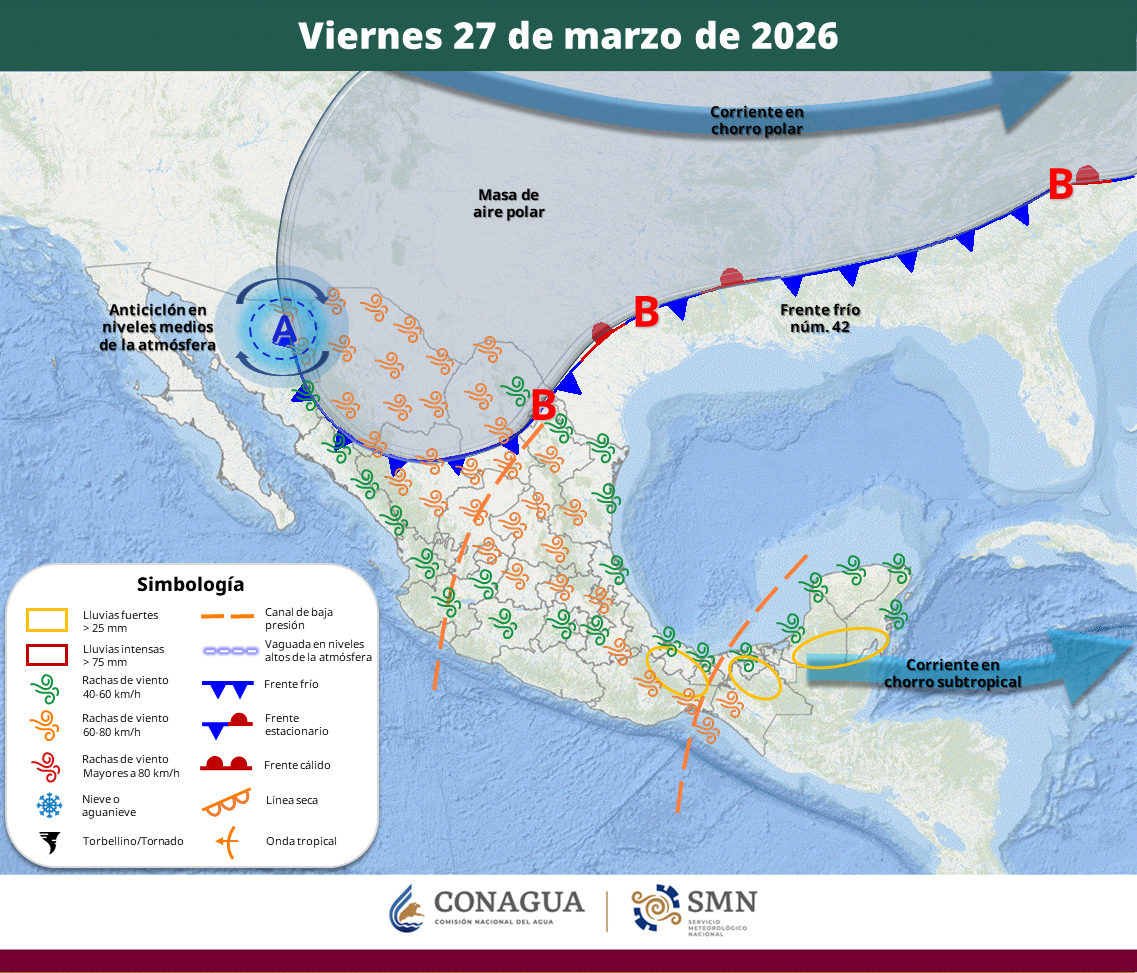 Provocará chubascos en norte y sureste; Chiapas, el más afectado; persisten altas temperaturas en gran parte del país