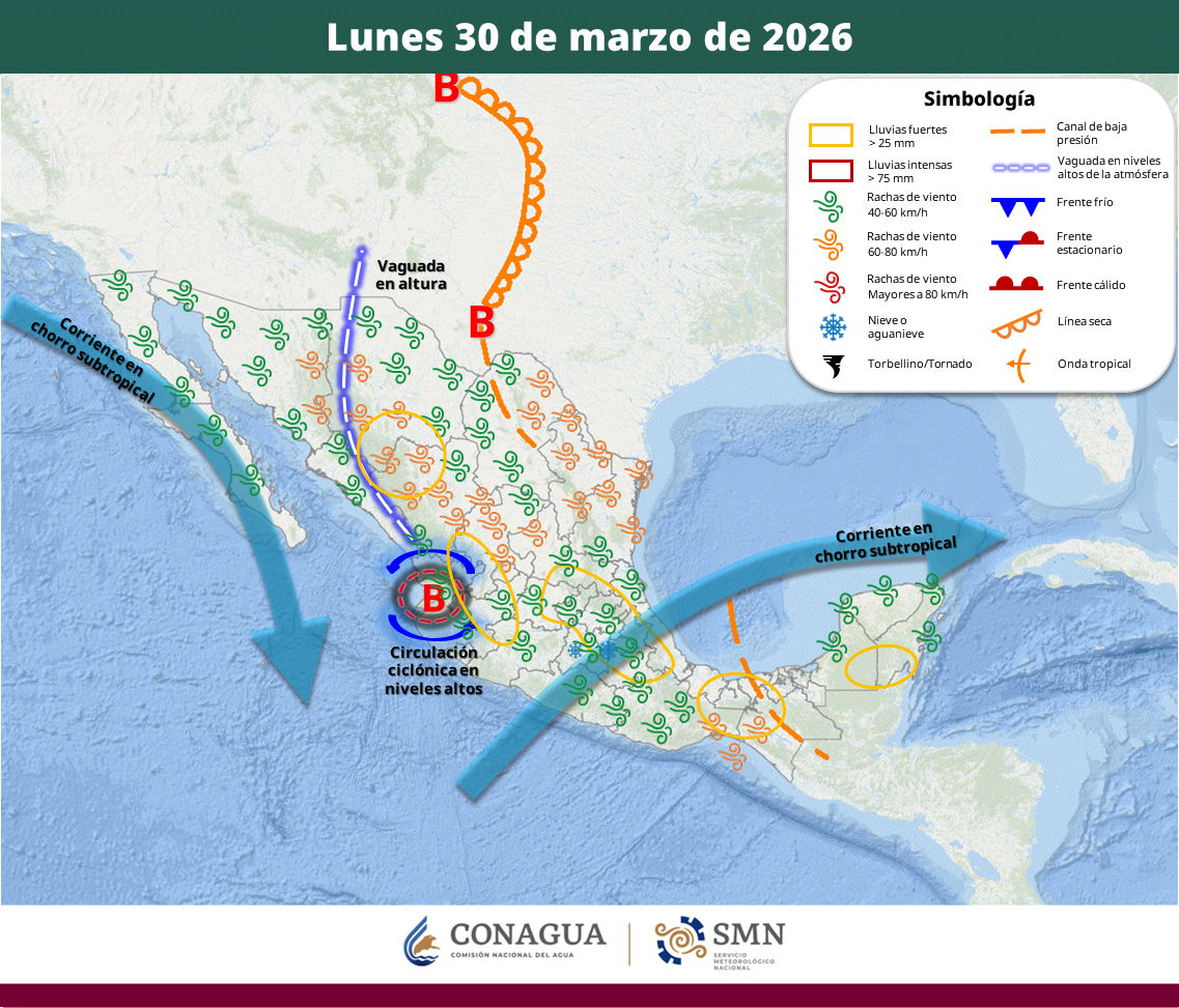 El lunes 30 de marzo se prevén chubascos, tormentas eléctricas, posible granizo y caída de aguanieve en zonas altas, además de rachas de viento de hasta 70 km/h y temperaturas extremas en distintas regiones.