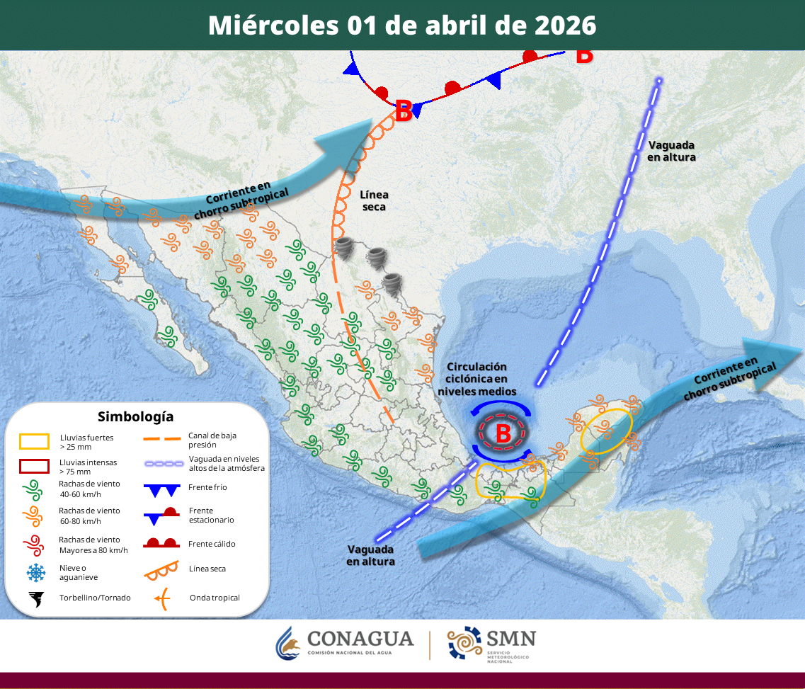Chiapas será la entidad más afectada con precipitaciones muy fuertes; en el norte se prevén vientos de hasta 70 km/h y posible formación de torbellinos.
