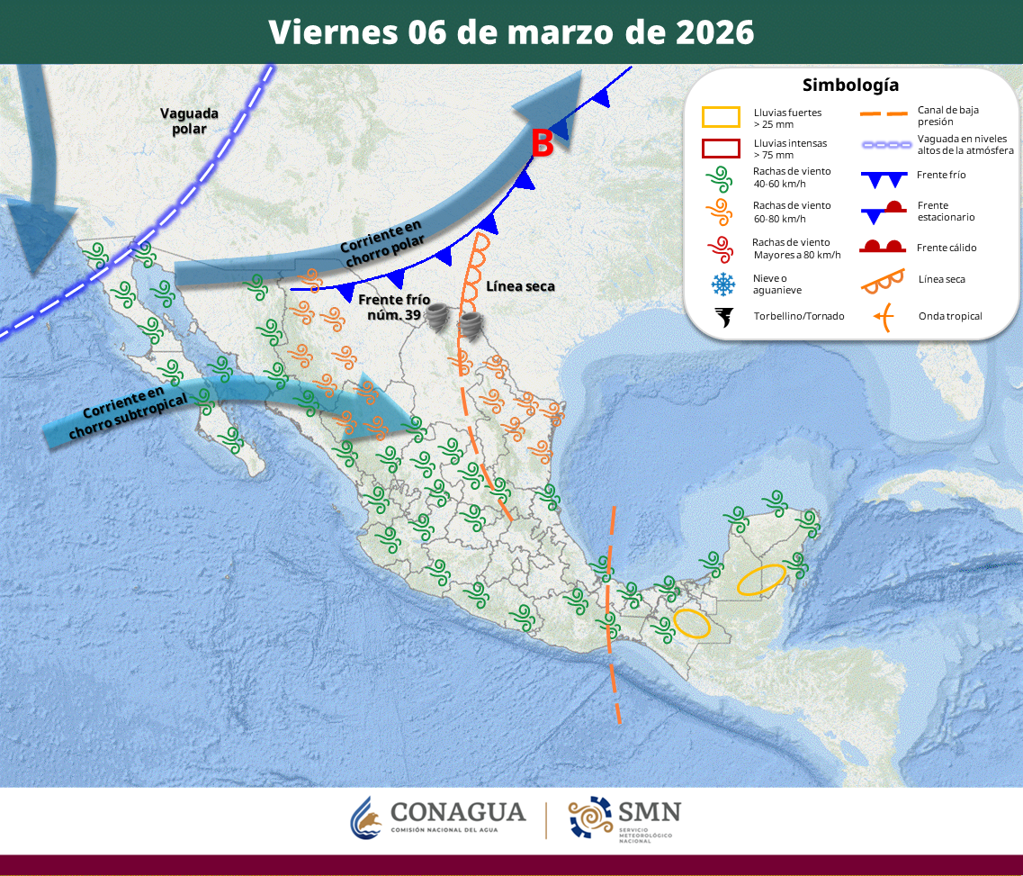 El sistema afectará principalmente al norte y sureste de México; se prevén chubascos, rachas de viento de hasta 70 km/h y persistencia de la onda de calor en varios estados.