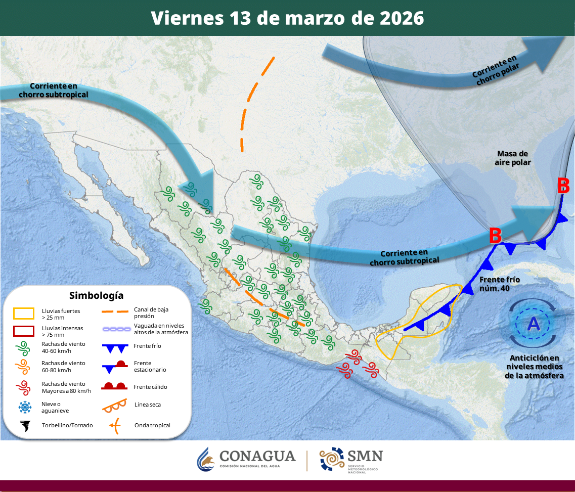 El sistema afectará principalmente la península de Yucatán y el sureste del país con precipitaciones fuertes, mientras continuará la onda de calor en varios estados del Pacífico mexicano.