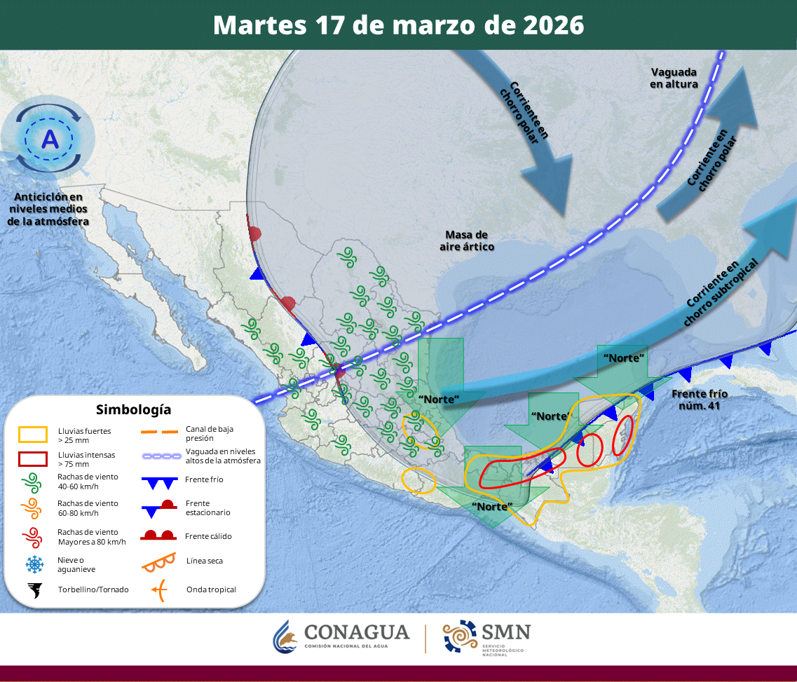 El sistema frontal generará precipitaciones de hasta 250 mm, evento de “Norte” con rachas de hasta 100 km/h y oleaje elevado en el Golfo de México y el istmo de Tehuantepec, mientras el occidente del país mantiene temperaturas de hasta 40 °C.