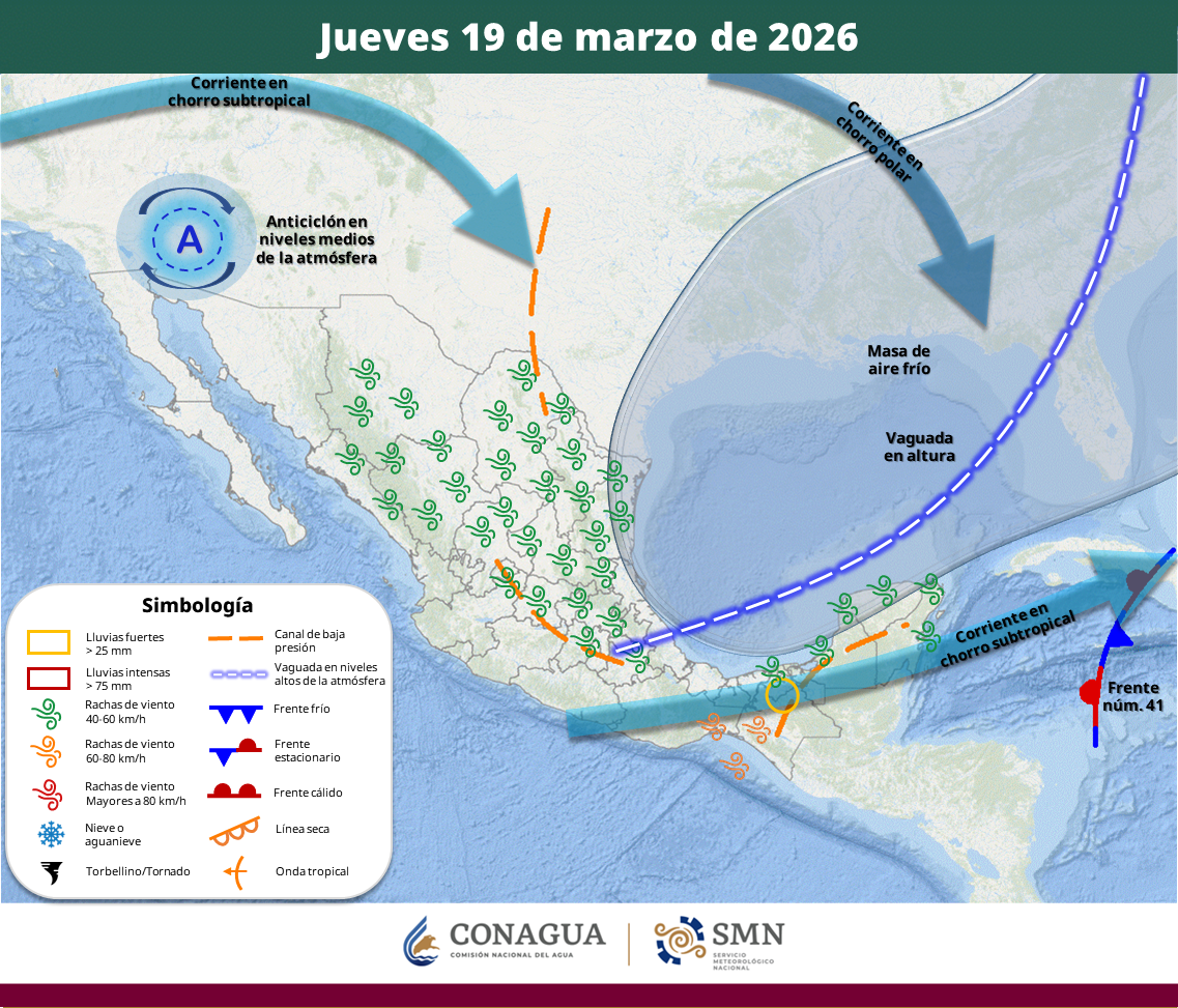 Canales de baja presión y humedad provocarán chubascos con tormentas eléctricas en varias regiones, mientras un sistema anticiclónico generará ambiente seco y altas temperaturas en el norte.
