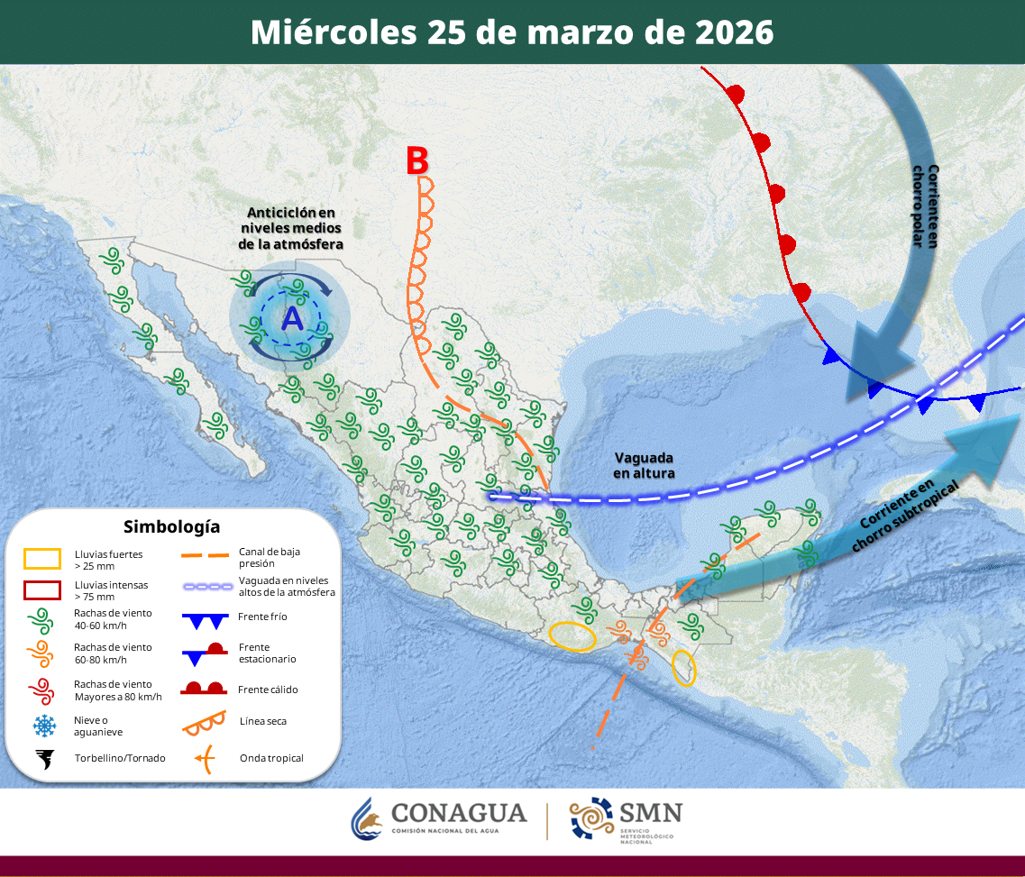 Sistemas meteorológicos activos provocarán chubascos con tormentas eléctricas, rachas de viento de hasta 70 km/h y temperaturas superiores a 40 grados en diversas regiones de México.