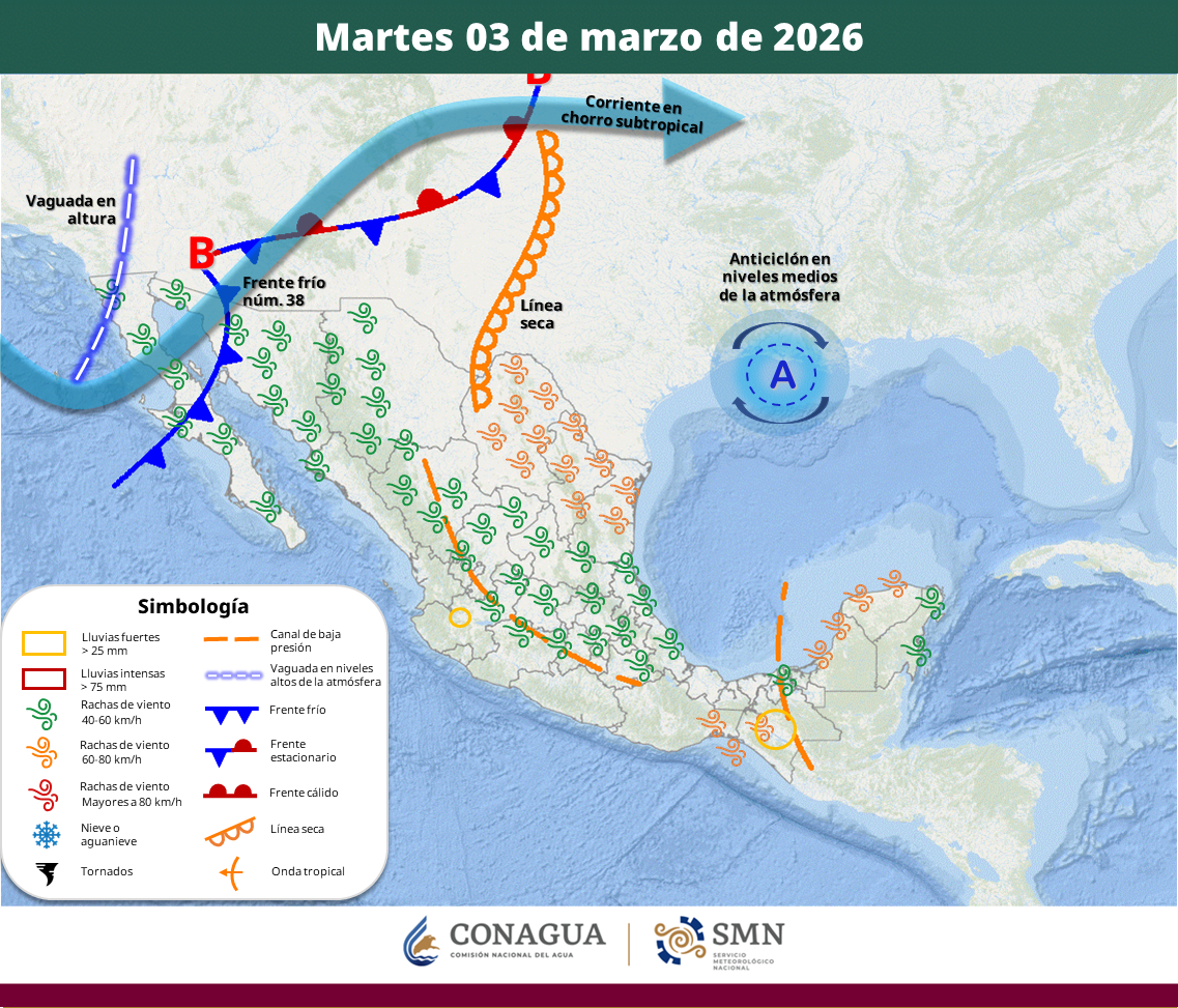El sistema interactuará con una vaguada en altura y una línea seca; se prevén chubascos con descargas eléctricas, oleaje elevado y persistencia de ambiente caluroso en varias entidades.