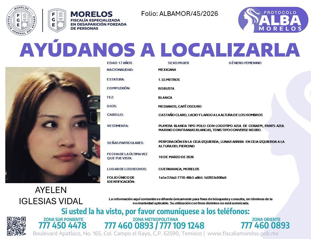 Ayelen Iglesias Vidal fue vista por última vez el 10 de marzo; es la quinta alerta de búsqueda de una alumna en Morelos en menos de un mes.