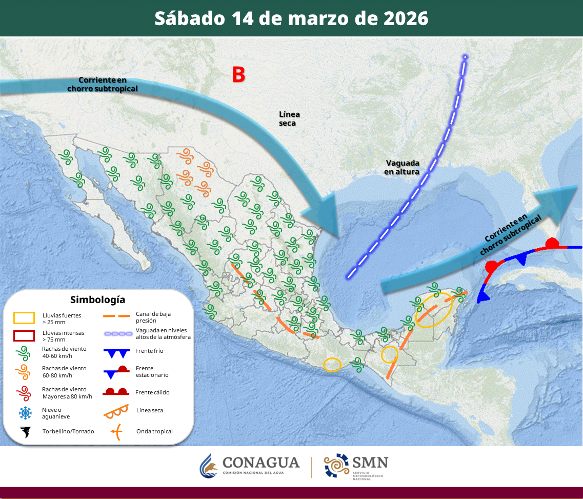 Una línea seca y canales de baja presión provocarán rachas intensas de viento, lluvias con tormentas eléctricas y altas temperaturas en diversas entidades. Persistirá además una onda de calor en zonas del Pacífico.