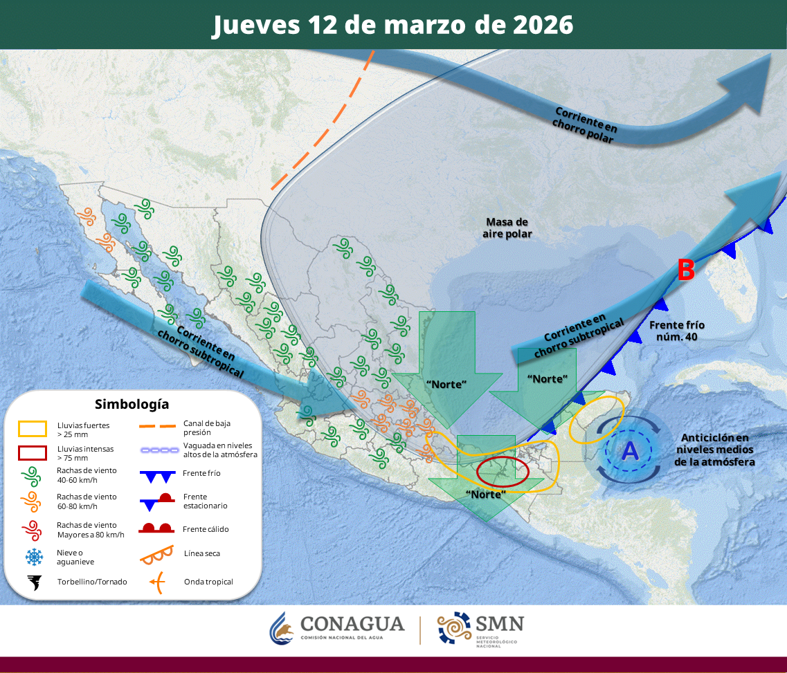 El sistema afectará principalmente al sureste y oriente de México con precipitaciones intensas y evento de “Norte” con rachas de hasta 100 km/h en el golfo de Tehuantepec. Mientras tanto, persistirá la onda de calor en estados del occidente y sur del país.