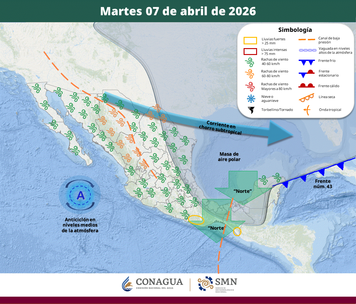 El sistema frontal afectará principalmente a Chiapas y Oaxaca, con vientos fuertes en el Golfo de Tehuantepec y lluvias en gran parte del país; al mismo tiempo, una onda de calor continuará en estados del occidente y sur.