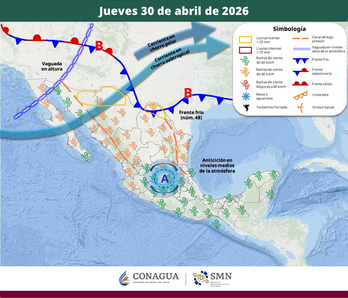 La onda de calor continuará en gran parte del país, mientras el frente frío 48 provocará lluvias fuertes, granizadas y rachas de viento en el noreste y norte de México.
