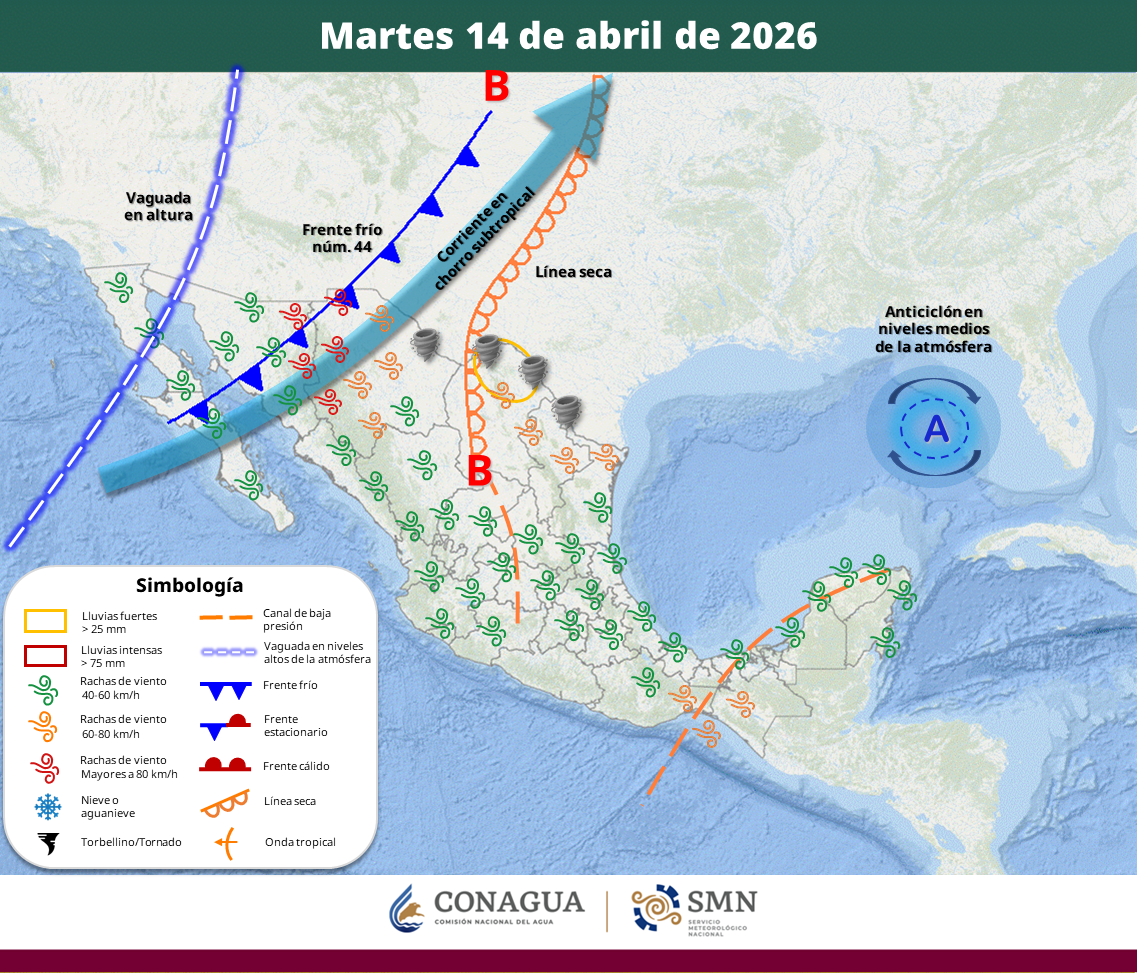 El frente frío número 44 permanecerá sobre el noroeste de México y, en interacción con otros sistemas atmosféricos, generará lluvias fuertes, rachas intensas de viento y posible formación de torbellinos en estados del norte del país, informó el Servicio Meteorológico Nacional. De acuerdo con el pronóstico, se esperan lluvias puntuales fuertes en el norte de Coahuila, así como chubascos en Chihuahua, Nuevo León, Tamaulipas, Puebla, Estado de México, Oaxaca y Chiapas. También se prevén lluvias aisladas en entidades como Ciudad de México, Veracruz, Guerrero, Michoacán, Yucatán y Quintana Roo. Las precipitaciones podrían estar acompañadas de descargas eléctricas y caída de granizo, además de ocasionar aumento en niveles de ríos y arroyos, deslaves, encharcamientos e inundaciones en zonas bajas. En cuanto al viento, se pronostican rachas de 70 a 90 kilómetros por hora en Sonora y posible formación de torbellinos en el noreste de Chihuahua. También habrá rachas de 50 a 70 kilómetros por hora con riesgo de torbellinos en el norte de Coahuila, Nuevo León y noroeste de Tamaulipas. Además, continuará la onda de calor en regiones de Sinaloa, Nayarit, Jalisco, Colima, Michoacán, Guerrero, Morelos, Puebla y Oaxaca. Las temperaturas máximas alcanzarán entre 40 y 45 grados Celsius en Sinaloa, norte de Nayarit, zonas de Michoacán y Guerrero. En contraste, durante la madrugada del miércoles se esperan heladas y temperaturas de hasta menos cinco grados en zonas serranas de Baja California, Sonora, Chihuahua, Durango, Estado de México y Puebla. Las autoridades recomendaron a la población mantenerse atenta a los avisos oficiales y extremar precauciones ante lluvias, vientos fuertes y temperaturas extremas.