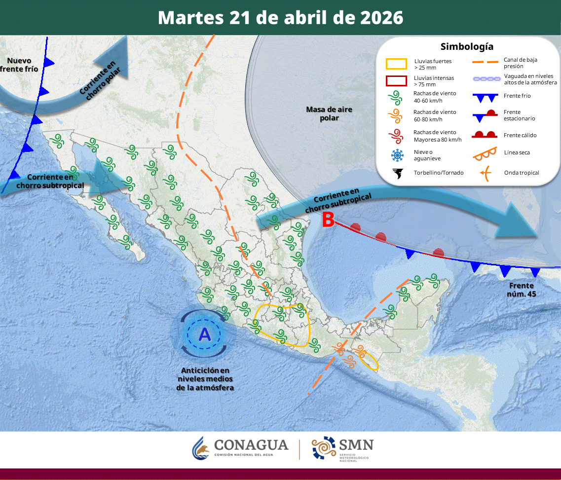 Canales de baja presión provocarán precipitaciones con tormentas eléctricas en el Valle de México y entidades del sur, mientras una circulación anticiclónica mantendrá altas temperaturas de hasta 45 grados y un nuevo frente frío generará vientos fuertes en el noroeste.