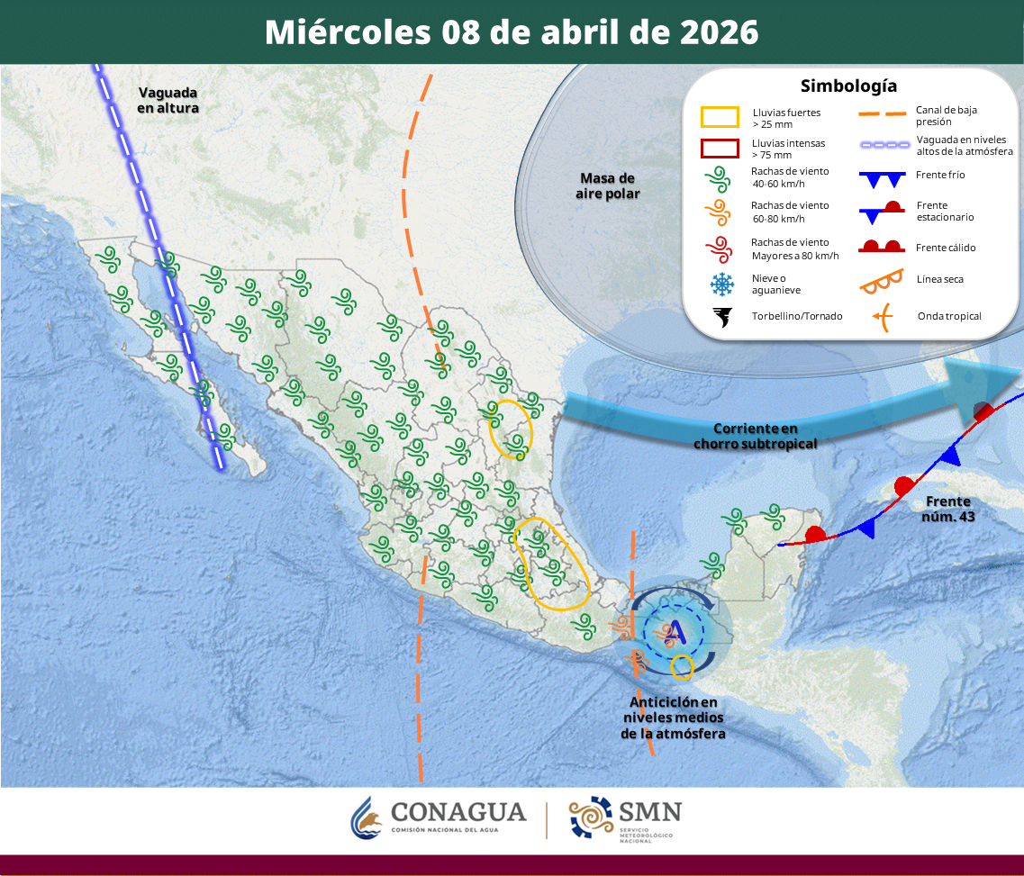 Se prevén precipitaciones muy fuertes en cuatro estados, rachas de viento en el noroeste y temperaturas de hasta 45 grados en regiones del Pacífico.
