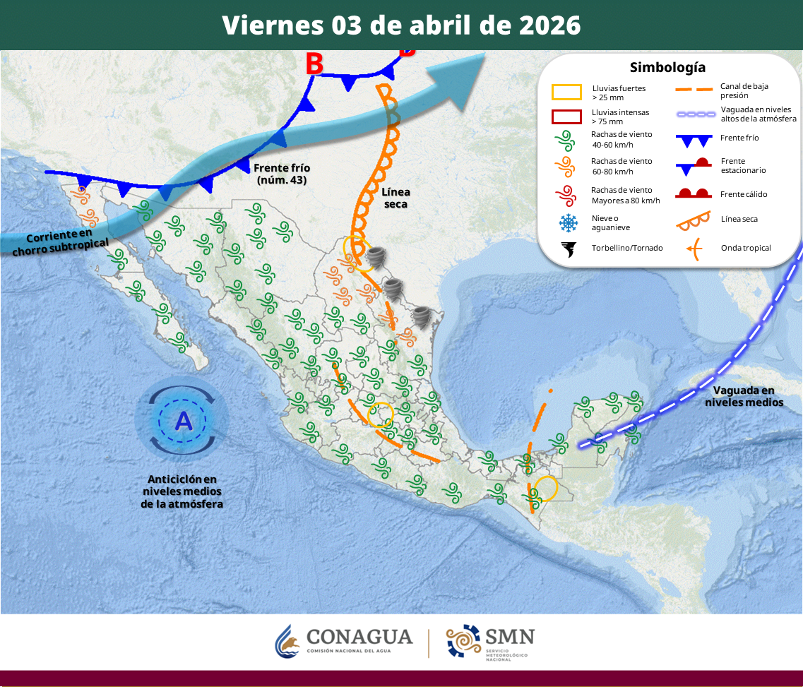 Se prevén chubascos con descargas eléctricas, granizo y rachas de hasta 80 km/h; persiste onda de calor en el occidente y sur de México