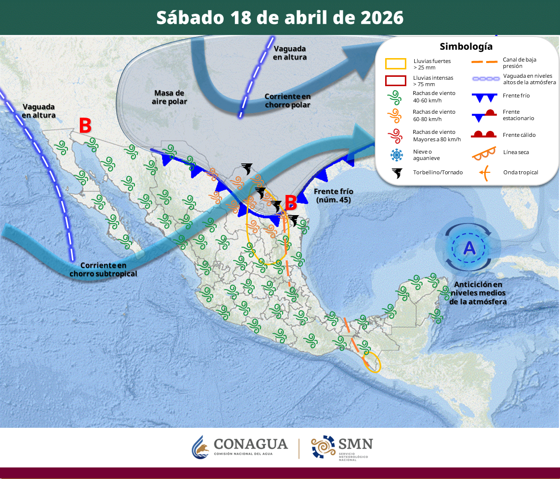El sistema frontal número 45 dejará precipitaciones muy fuertes en Nuevo León y Tamaulipas, además de vientos con posible formación de torbellinos en entidades del norte. Persistirá la onda de calor en regiones del Pacífico, mientras continuarán lluvias en el centro y sureste del territorio nacional.