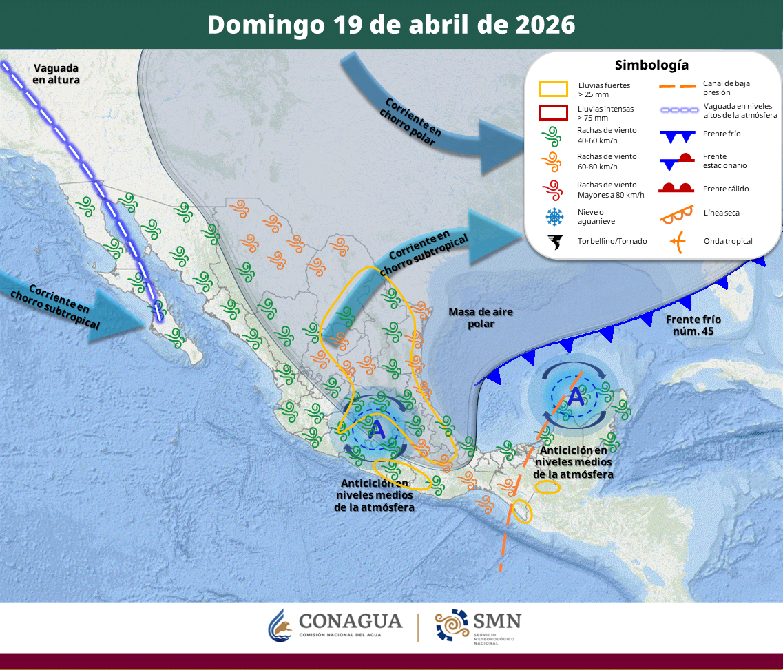 El noreste, oriente y sureste resentirán precipitaciones de hasta 75 milímetros, mientras persistirá la onda de calor en estados del Pacífico. También se prevén heladas en zonas serranas durante la madrugada del lunes.