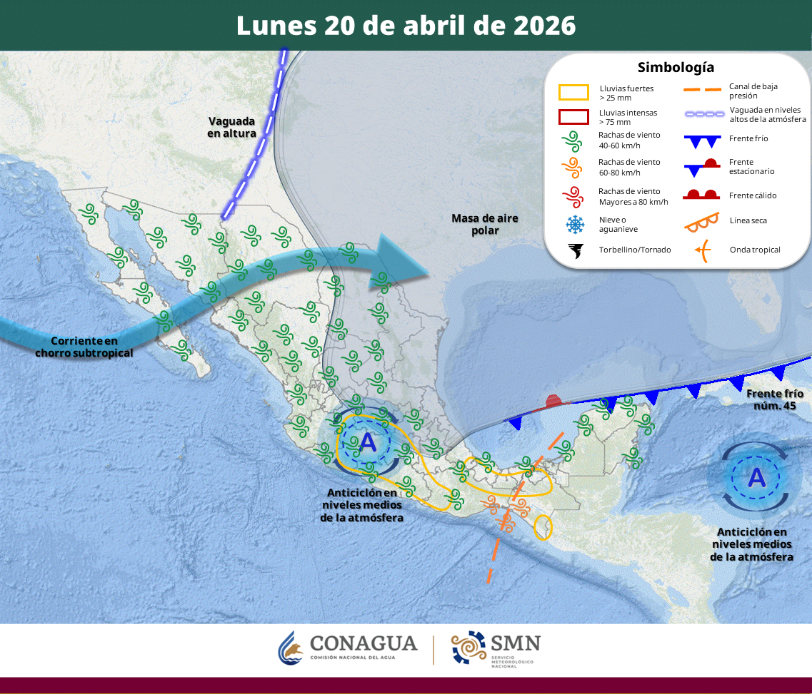 El sistema frontal mantendrá precipitaciones de fuertes a muy fuertes en el centro, sur y sureste del país, mientras una circulación anticiclónica sostendrá temperaturas de hasta 45 grados en varias entidades. Autoridades alertan por posibles inundaciones, deslaves y caída de árboles.