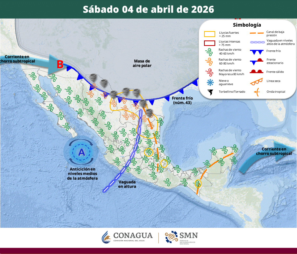 El sistema afectará principalmente al norte, noreste y centro de México con lluvias fuertes, posible granizo y riesgo de tornados, mientras persiste la onda de calor en el occidente y sur.