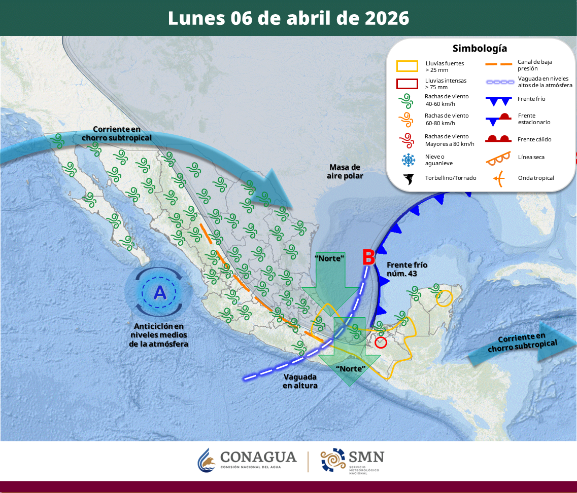 El fenómeno generará precipitaciones torrenciales en Tabasco y Chiapas, evento de “Norte” con rachas de hasta 80 km/h y descenso de temperaturas en gran parte del país