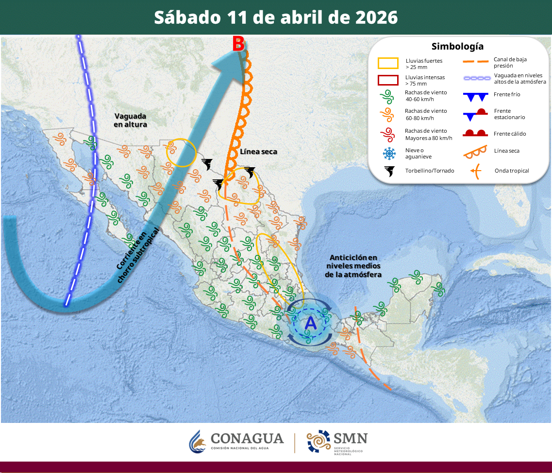El norte y centro de México enfrentarán tormentas con posible granizo y torbellinos, mientras persiste la onda de calor en entidades del Pacífico y sur; en zonas serranas se prevén heladas durante la madrugada del domingo.