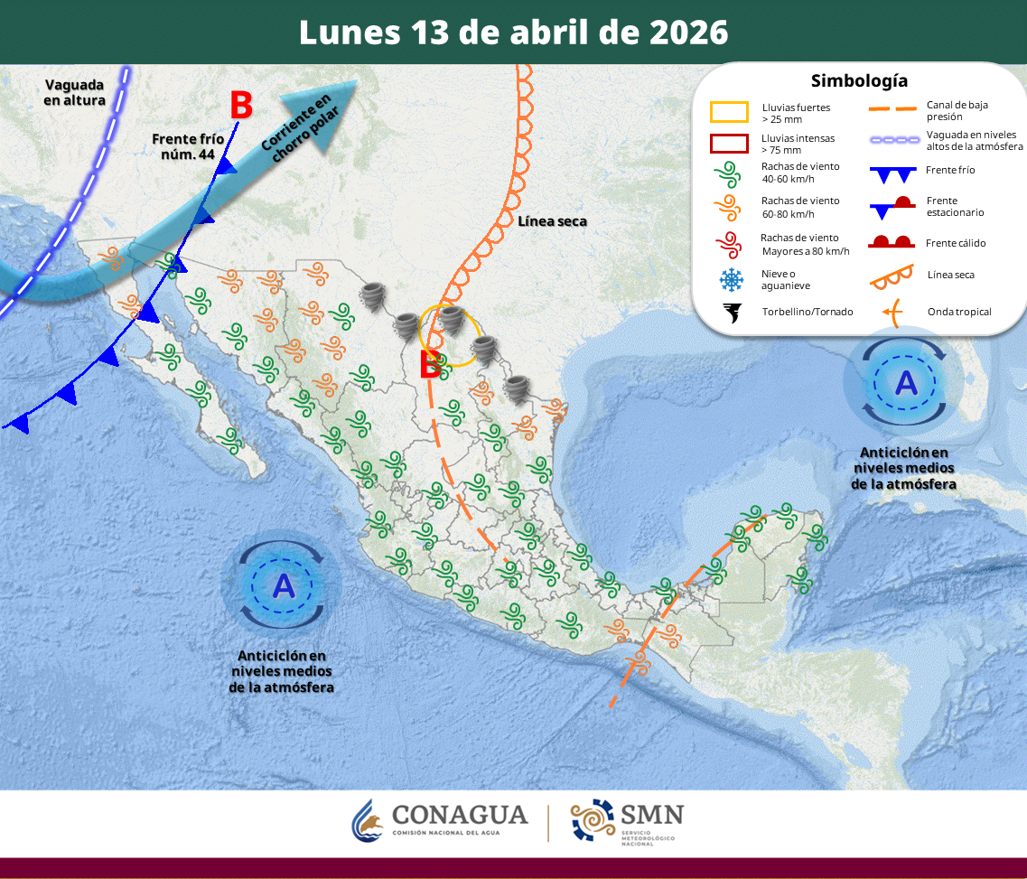 El frente frío número 44 ingresará al noroeste de México y, en interacción con otros sistemas atmosféricos, generará lluvias intensas en el norte, vientos de hasta 80 kilómetros por hora con riesgo de torbellinos y tolvaneras, mientras persistirá la onda de calor con temperaturas de hasta 45 grados Celsius en entidades del Pacífico y sur del país.