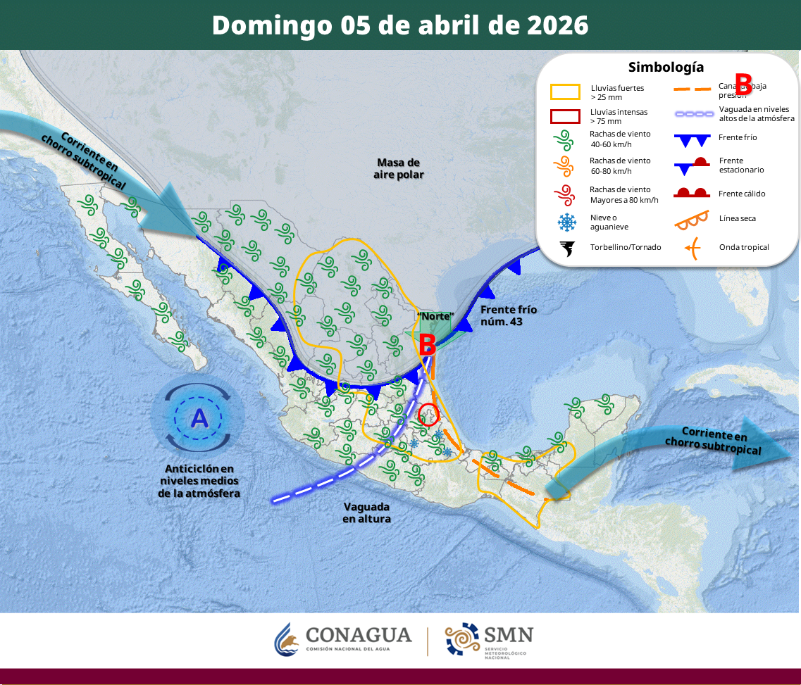 El sistema frontal 43 y su masa de aire polar generarán lluvias intensas en el oriente y sureste, evento de “Norte” con rachas de hasta 80 km/h y posible nieve en volcanes. Persistirá la onda de calor en el occidente y sur.